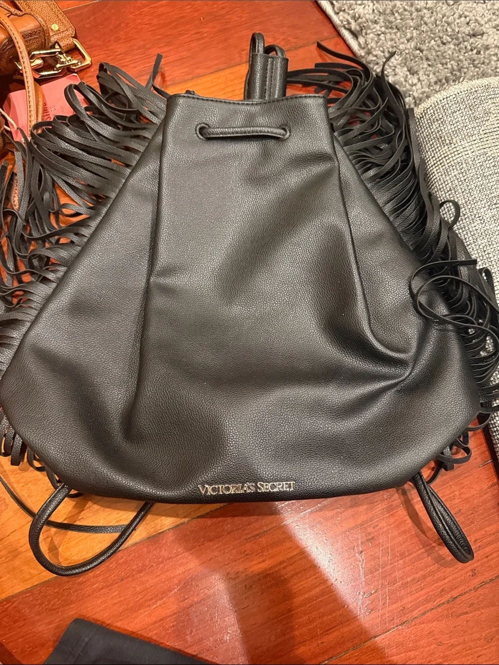 Victoria's Secret Black Fringe Drawstring Backpack